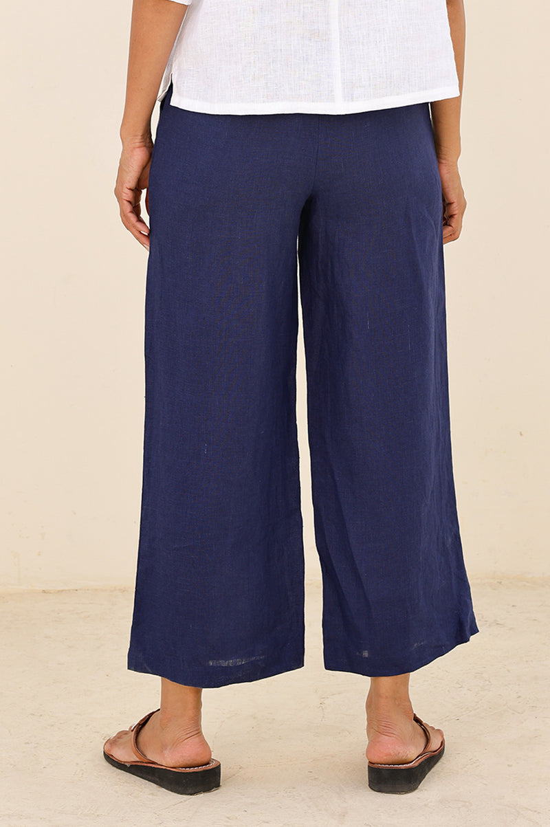 Wide Leg Linen Cropped Trousers | Navy