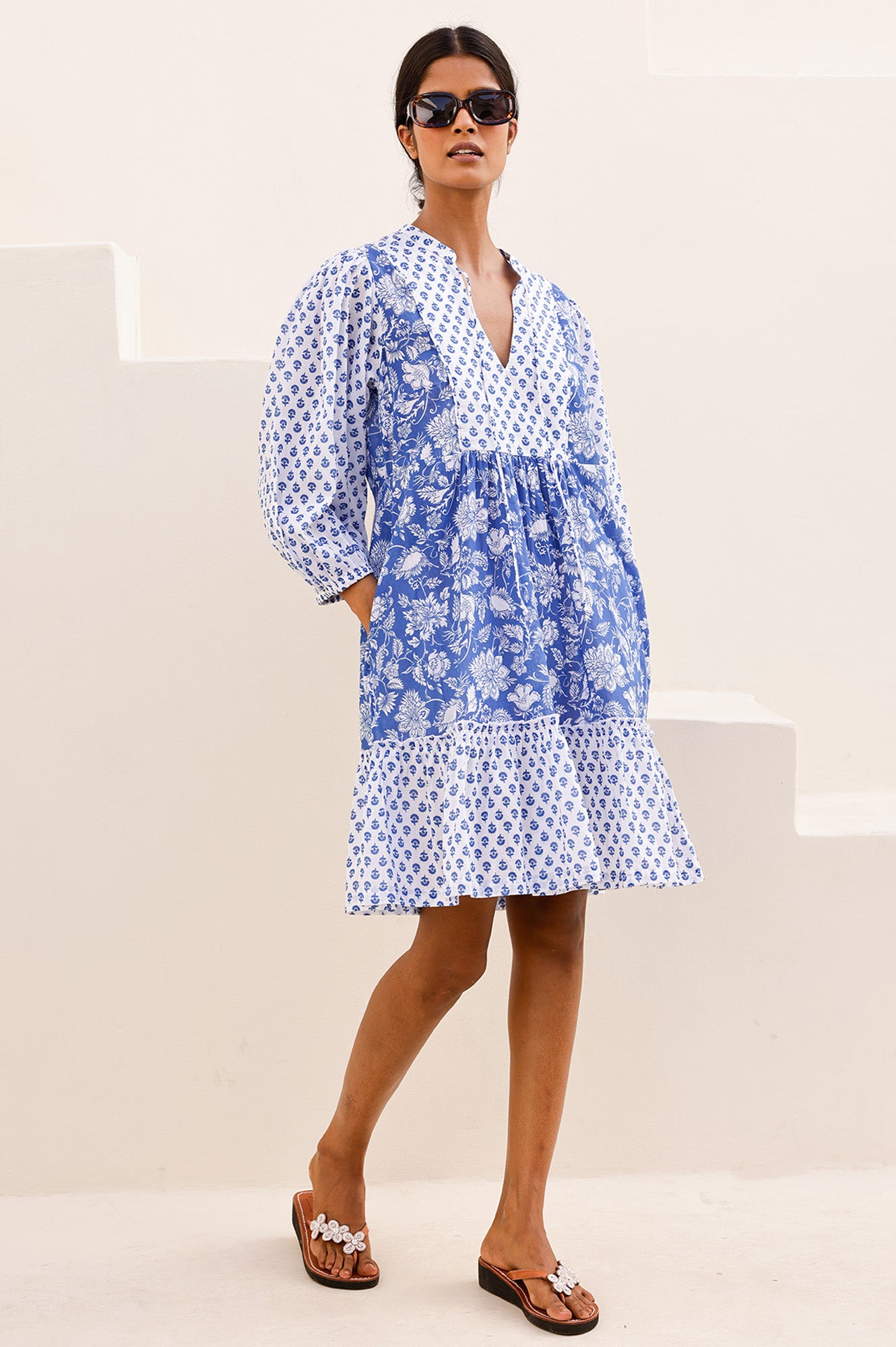 Marina Organic Cotton Print Mix Dress | Cobalt/White