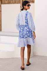 Marina Organic Cotton Print Mix Dress | Cobalt/White