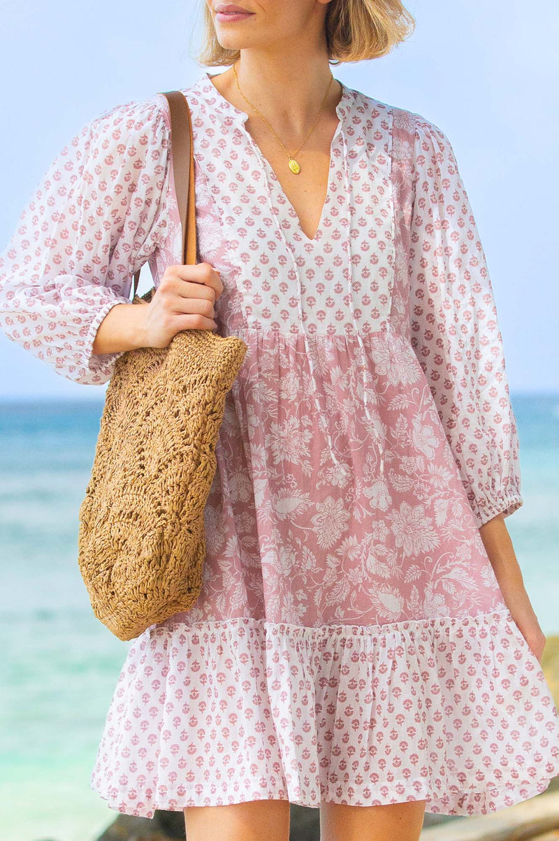 Marina Organic Cotton Print Mix Dress | Blossom Print Dusty Pink/White