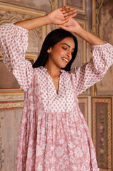 Marina Organic Cotton Print Mix Dress | Blossom Print Dusty Pink/White