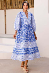 Martha Organic Cotton Print Mix Dress | Cobalt/White