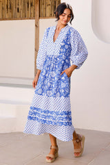Martha Organic Cotton Print Mix Dress | Cobalt/White
