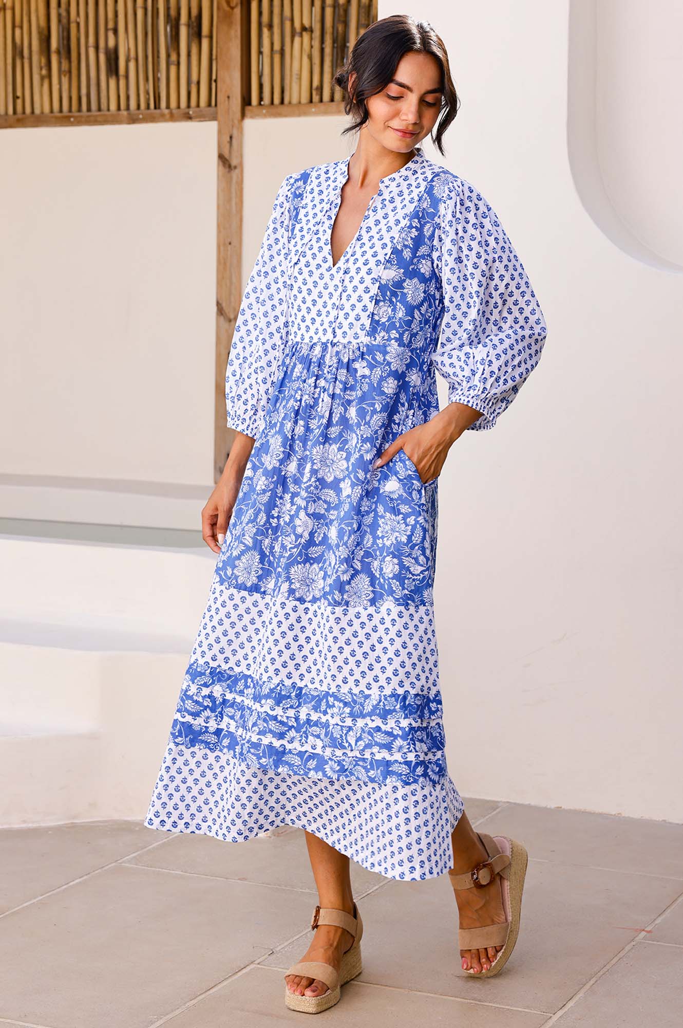 Martha Organic Cotton Print Mix Dress | Blossom Print Blue/White