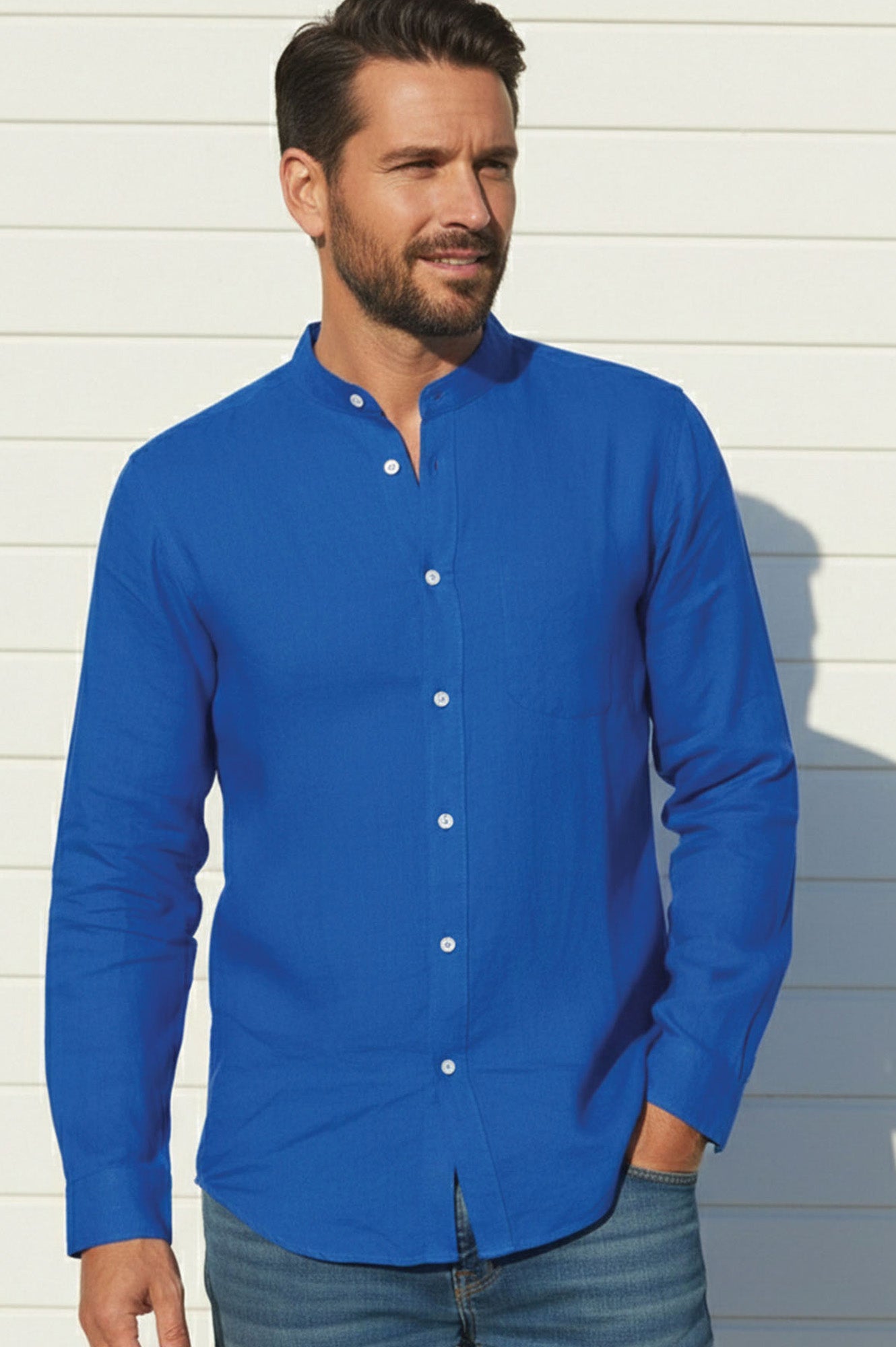 Men's Nehru Collar Linen Shirt | Cobalt Blue - Aspiga