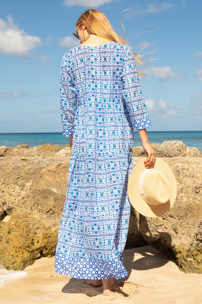 Aspiga Womens Sustainable Mykonos Maxi Dress Organic Cotton Summer Holiday  Beach Cover Up White Blue