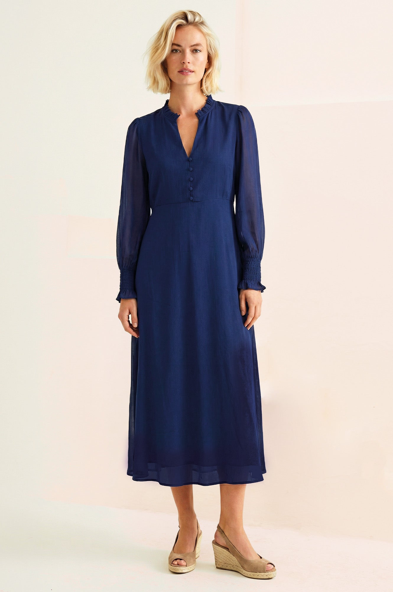 Plain V Neck Chiffon Dress | Navy