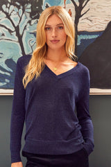 Metallic Knit V-Neck Jumper | Navy