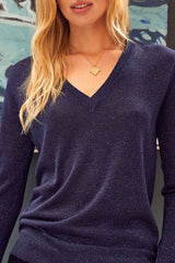 Metallic Knit V-Neck Jumper | Navy