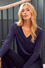 Metallic Knit V-Neck Jumper | Navy