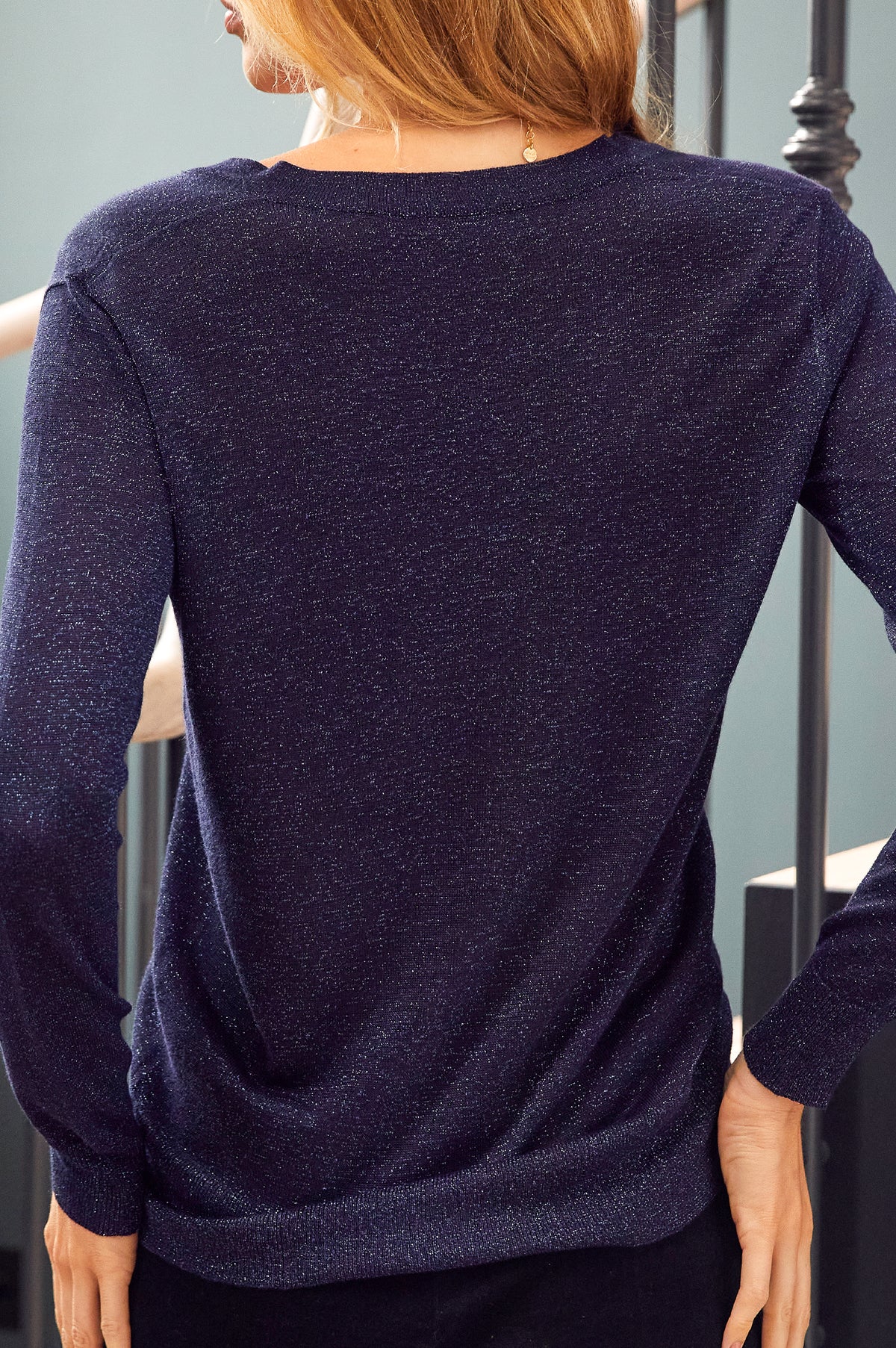Aspiga Ladies Sustainable Metallic Knit V-Neck Jumper Navy Blue