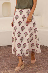 Neve Organic Cotton Block Print Skirt | Antique Wildflower Cream/Red/Green