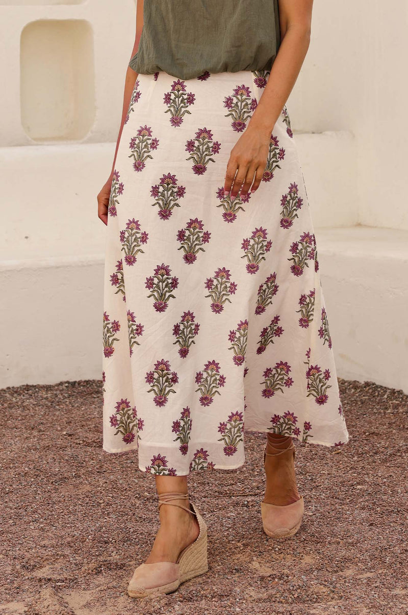 Neve Organic Cotton Block Print Skirt | Antique Wildflower Cream/Red/Green