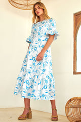 Scarlett Cotton Sateen Dress | Waterlily Bright Blues