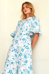 Scarlett Cotton Sateen Dress | Waterlily Bright Blues