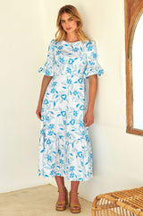 Scarlett Cotton Sateen Dress | Waterlily Bright Blues
