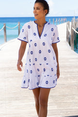 India Embroidered Organic Cotton Dress | White/Blue