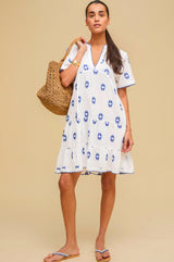 India Embroidered Organic Cotton Dress | White/Blue
