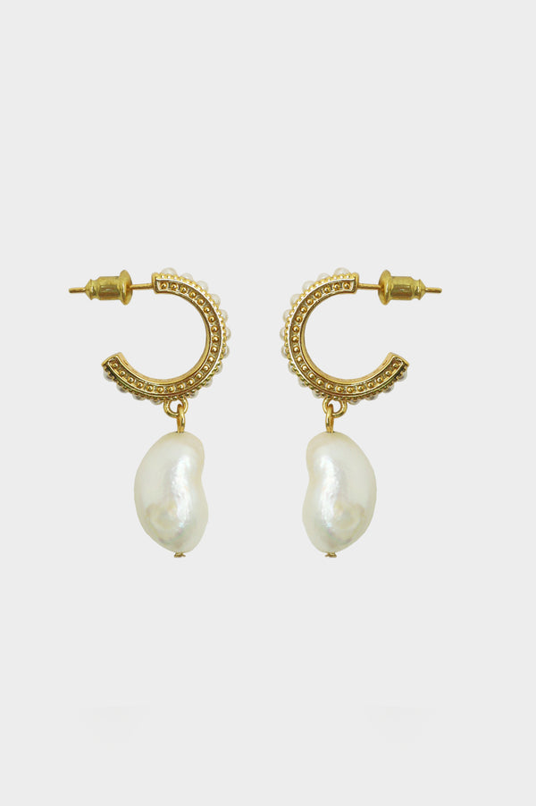 Pearl Drop Hoop Earrings | Gold