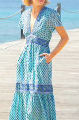 Pippa Short Sleeve Organic Cotton Block Print Dress | Buti Turquoise/Blue
