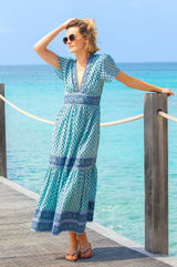 Pippa Short Sleeve Organic Cotton Block Print Dress | Buti Turquoise/Blue