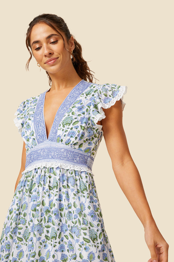 Pippa Block Print Dress | Garden Jaal White/Green