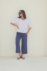 Wide Leg Linen Cropped Trousers | Navy