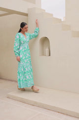 Billie Organic Cotton Block Print Dress | Lotus Green/Blue
