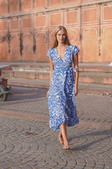 Demi Organic Cotton Wrap Dress | Cobalt/White