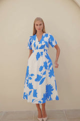 Elsa Printed Cotton Dress | Ivory/Cobalt