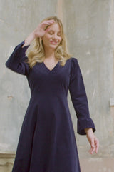 Victoria V-Neck Long Sleeve Stretch Corduroy Dress | Atlantic Blue
