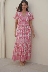 Pippa Organic Cotton Short Sleeve Block Print Dress | Red