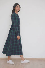 Harper Checked Double Cloth Organic Cotton Dress | Navy/Green