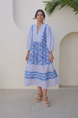 Martha Organic Cotton Print Mix Dress | Cobalt/White