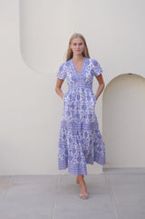 Pippa Organic Cotton Short Sleeve Block Print Dress | White/Cobalt