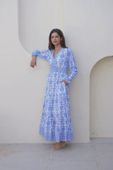 Billie Block Print Organic Cotton Dress | White/Cobalt