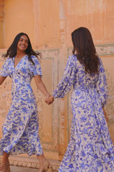 Anais Hammered Satin Dress | Paisley Floral Cream/Blue