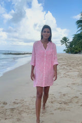 Mila Viscose Crinkle Shirt Tunic | White/Pink