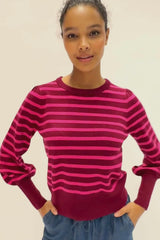 Merino Wool Stripe Crew Neck Jumper | Wine/Pink