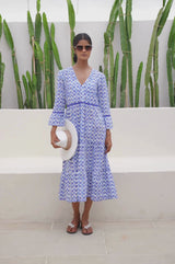 Hayden Organic Cotton Dress | Ikat White/Blue