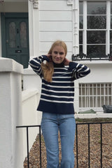 Cashmere Blend Striped Roll Neck Jumper | Navy/Ivory
