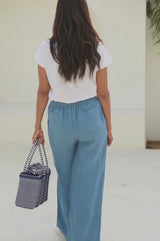 Wide Leg Linen Trousers | Blue/Grey