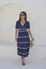 Viola Short Sleeve Organic Cotton Ric Rac Dress | Navy/Ivory