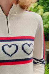 Merino Wool Stripe Hearts Quarter Zip | Cream/Red/Navy
