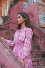 Wren Block Print Organic Cotton Dress | Pink/Cobalt