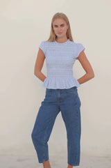 Tilly Organic Cotton Smocked Stripe Dobby Blouse | Blue/White