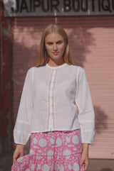 Cotton Dobby Lace Insert Blouse | White