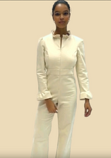 Zip Front Stretch Corduroy Jumpsuit | Cream