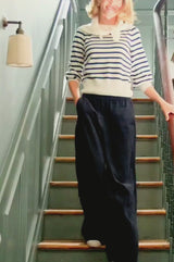 Merino Wool Striped Crew Neck Jumper | Cream/Navy