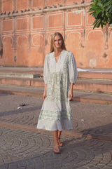 Martha Organic Cotton Print Mix Dress | Sage/White